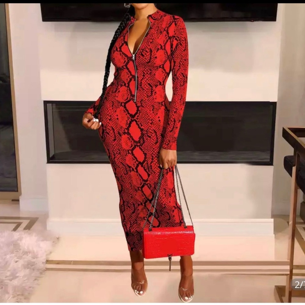 Red body con snake skin dress